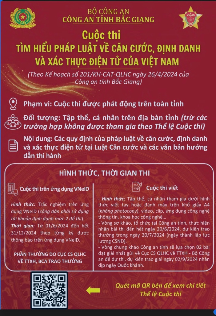 Phát động  cuộc thi “Tìm hiểu pháp luật về căn cước, định danh và xác thực điện tử của Việt Nam”|https://hiephoa.bacgiang.gov.vn/chi-tiet-tin-tuc/-/asset_publisher/VeCP91o7rg3d/content/phat-ong-cuoc-thi-tim-hieu-phap-luat-ve-can-cuoc-inh-danh-va-xac-thuc-ien-tu-cua-viet-nam-